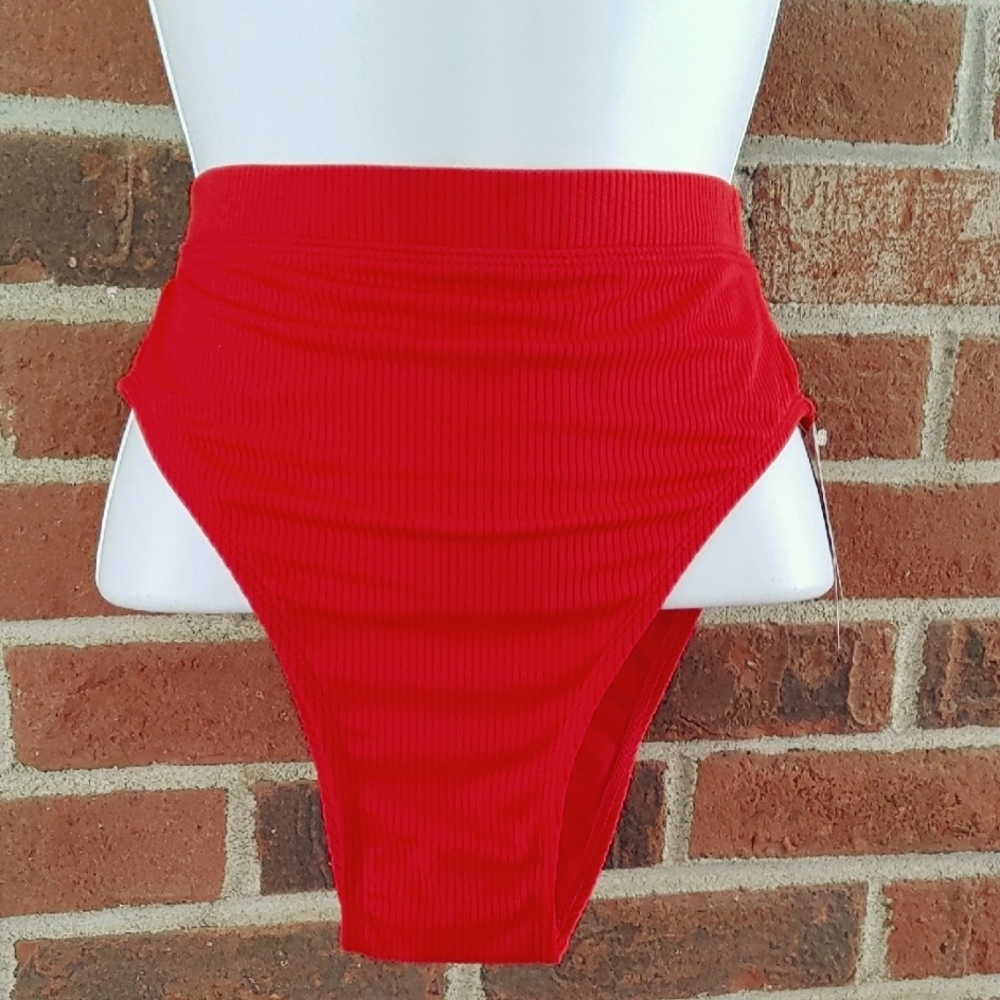 Xhilaration Ribbed Red High-Waisted High Leg Cheeky Bikini Bottom Size L